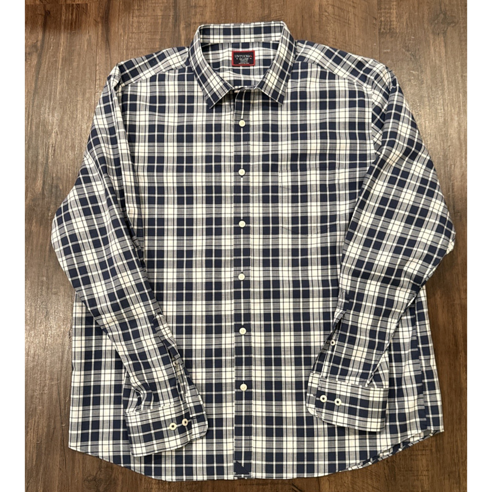 Untuckit Men's Button Down Long Sleeve Plaid Shirt White/Blue Size 2XL - XXL